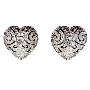 Vintage Carolee Heart Earrings 1" Simulated Diamonds Clip On Silver Filigree EUC